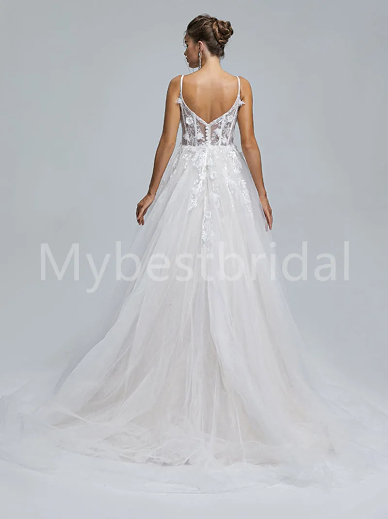Elegant Spaghetti straps V-neck A-line Lace applique Wedding Dresses, WDY0267