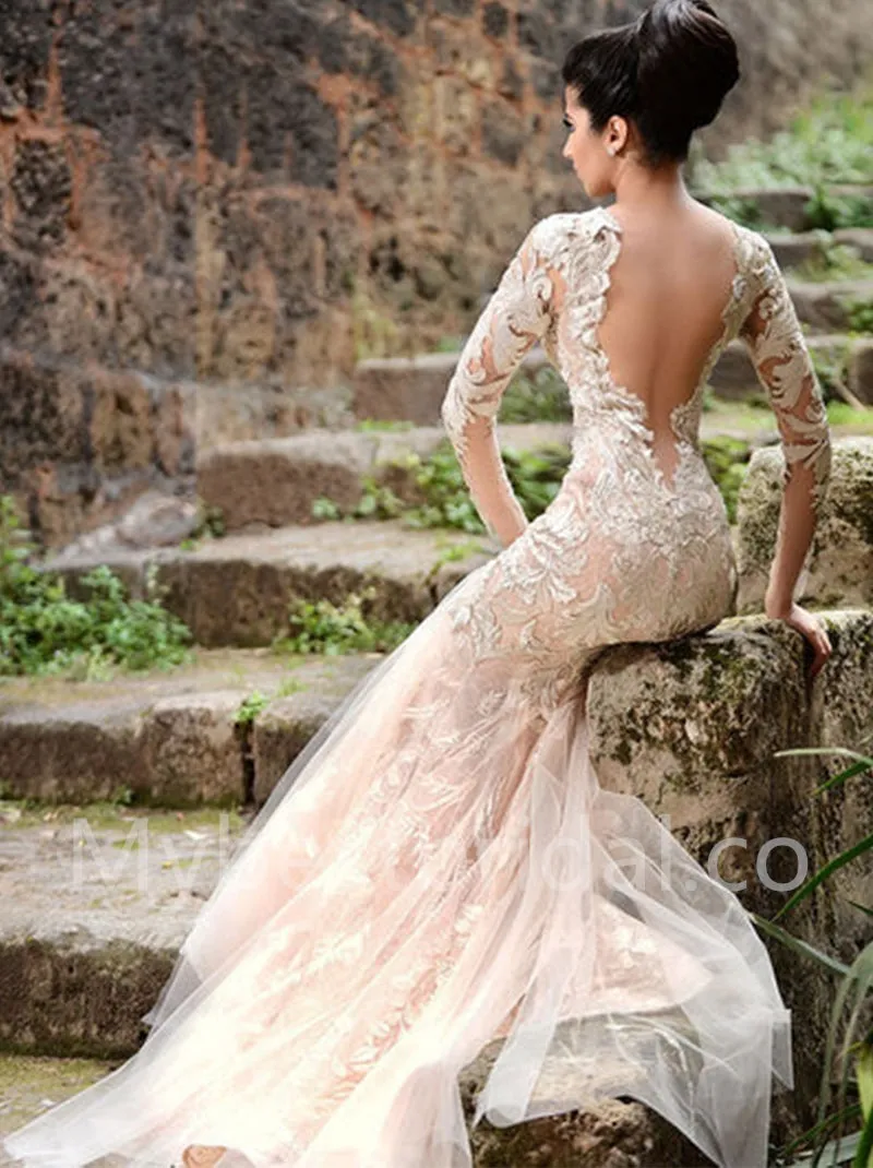 Elegant V-neck Long sleeves Mermaid Lace applique Wedding Dresses, WDY0297