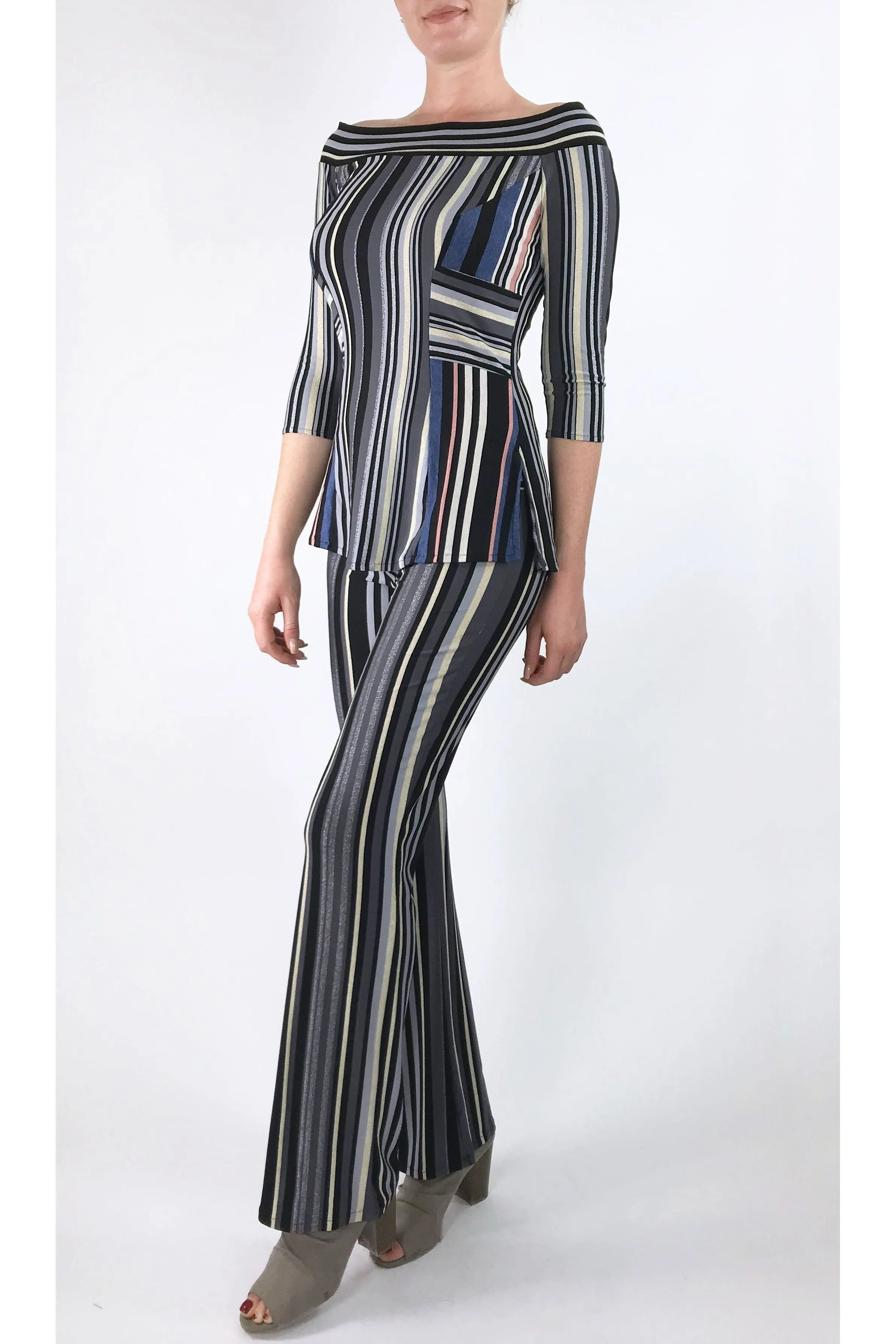 ELENORE Silky Stretchy Striped Metallic Flared Pants