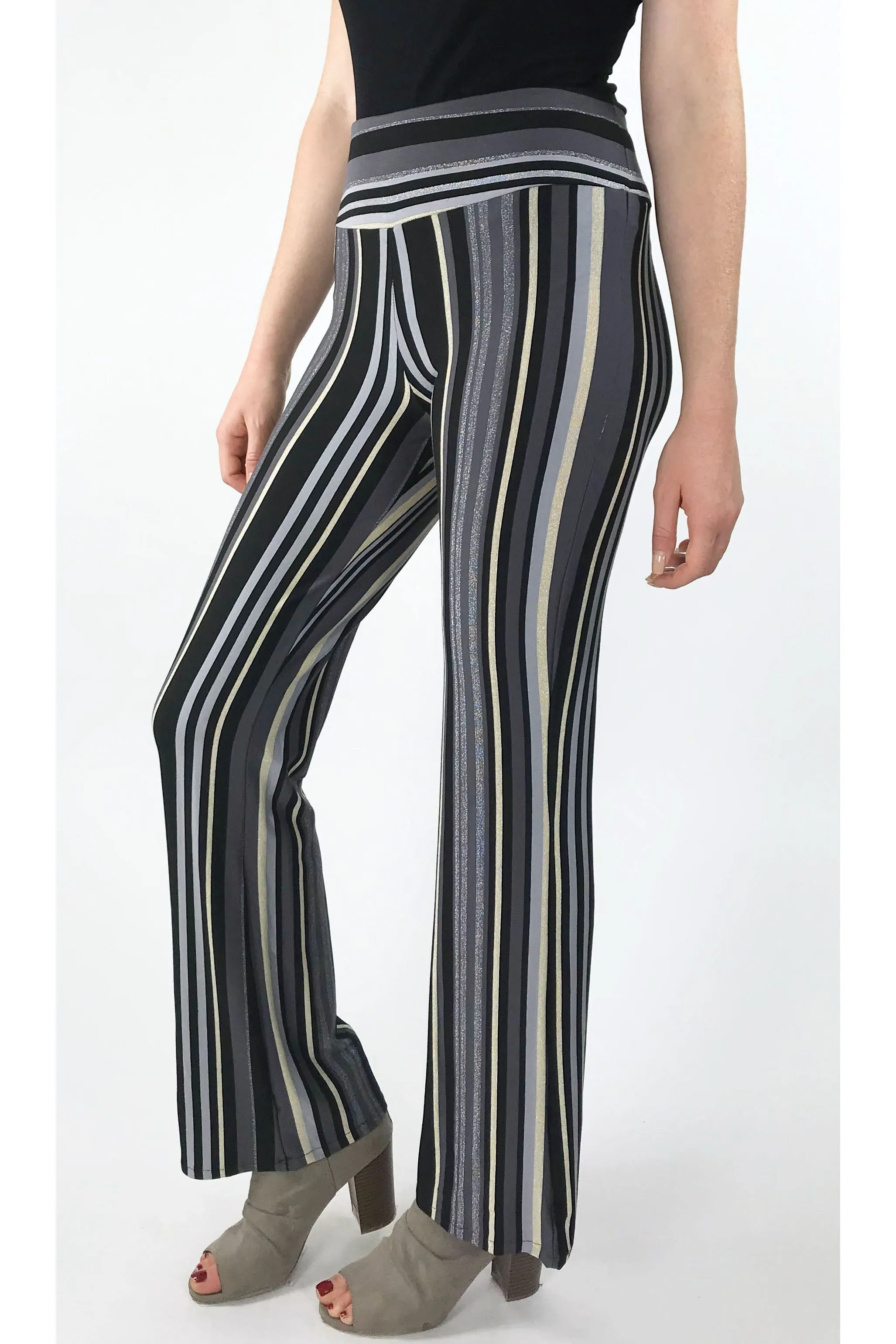 ELENORE Silky Stretchy Striped Metallic Flared Pants