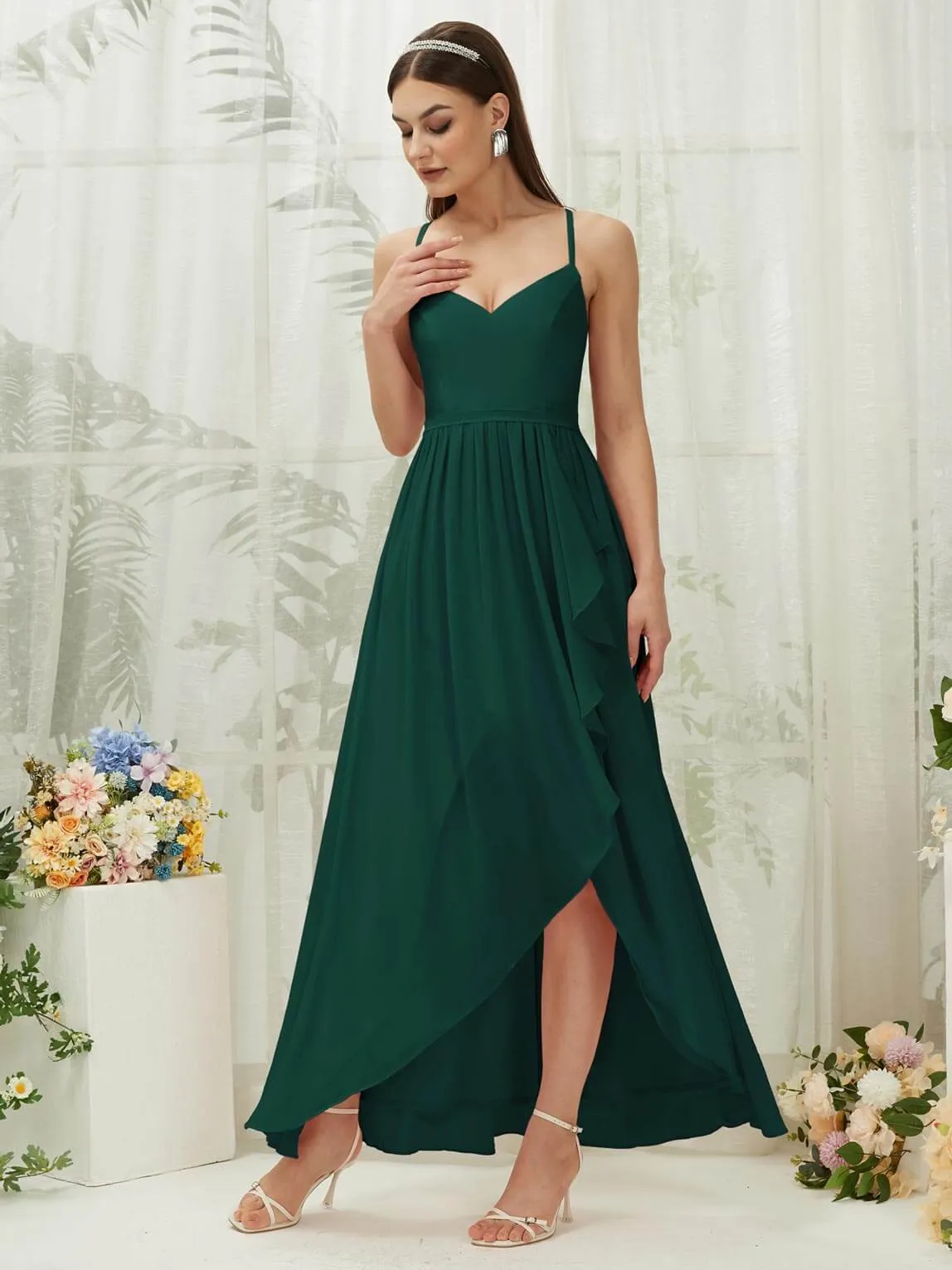 Emerald Green Chiffon Slit High Low Sweetheart Straps Pleated Flowy Bridesmaid Dress
