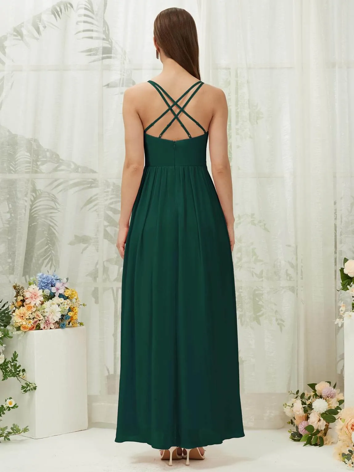 Emerald Green Chiffon Slit High Low Sweetheart Straps Pleated Flowy Bridesmaid Dress