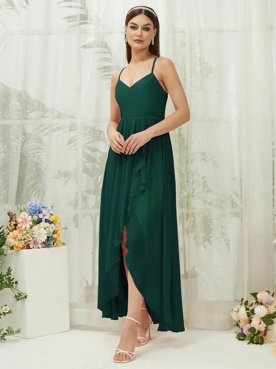 Emerald Green Chiffon Slit High Low Sweetheart Straps Pleated Flowy Bridesmaid Dress
