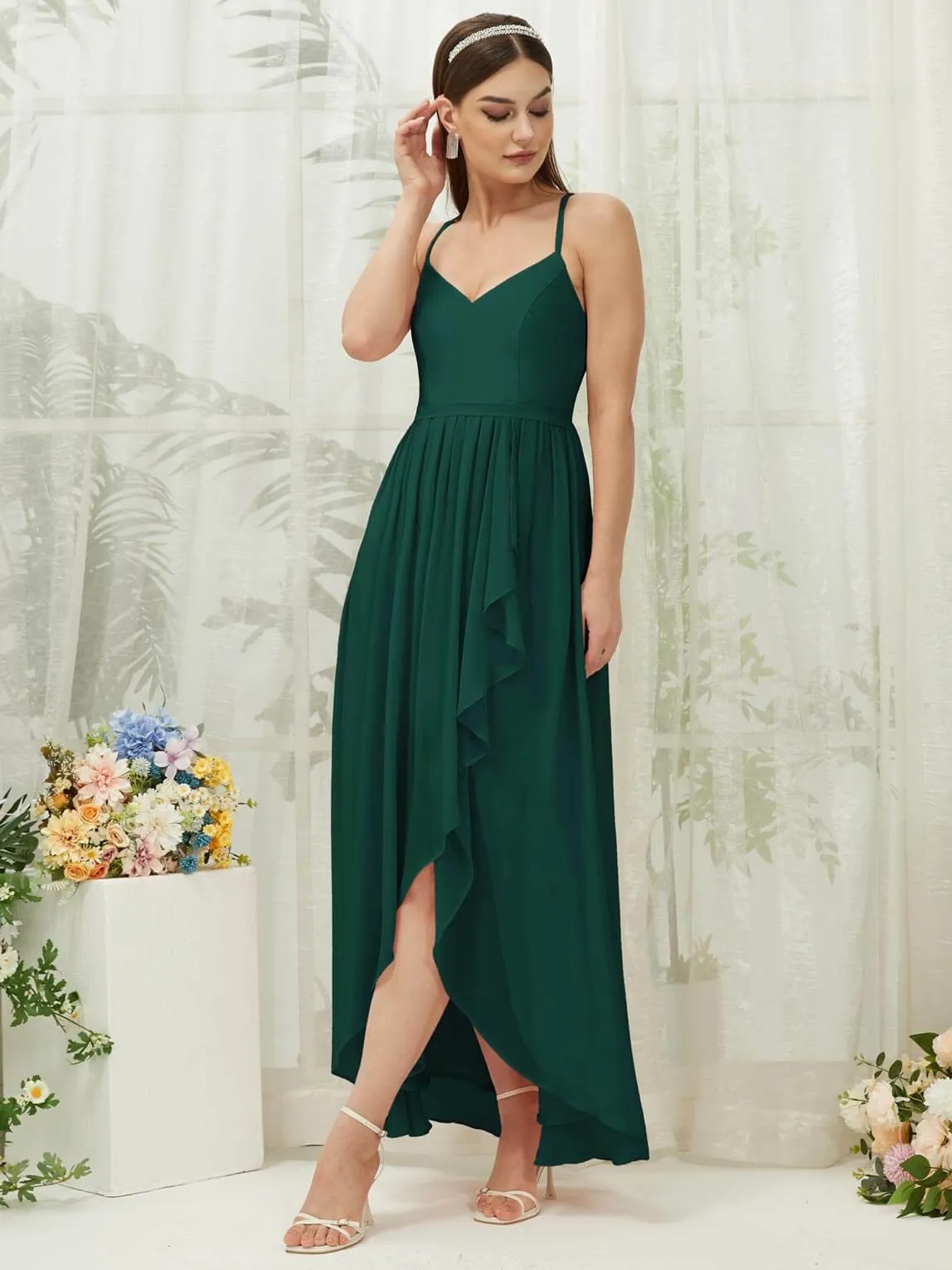 Emerald Green Chiffon Slit High Low Sweetheart Straps Pleated Flowy Bridesmaid Dress