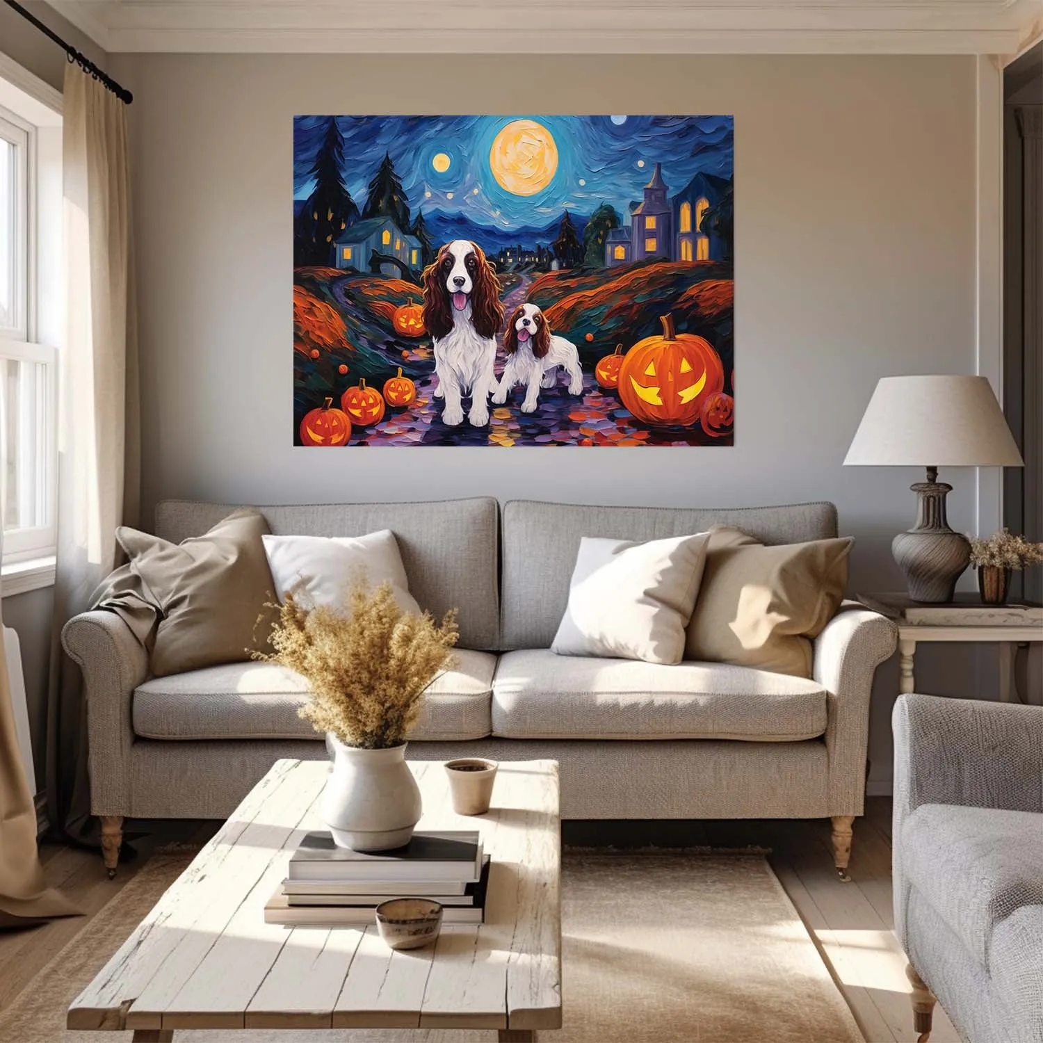 English Springer Spaniels Dog 02 Halloween With Pumpkin Oil Painting Van Goh Style, Wooden Canvas Prints Wall Art Painting , Canvas 3d Art