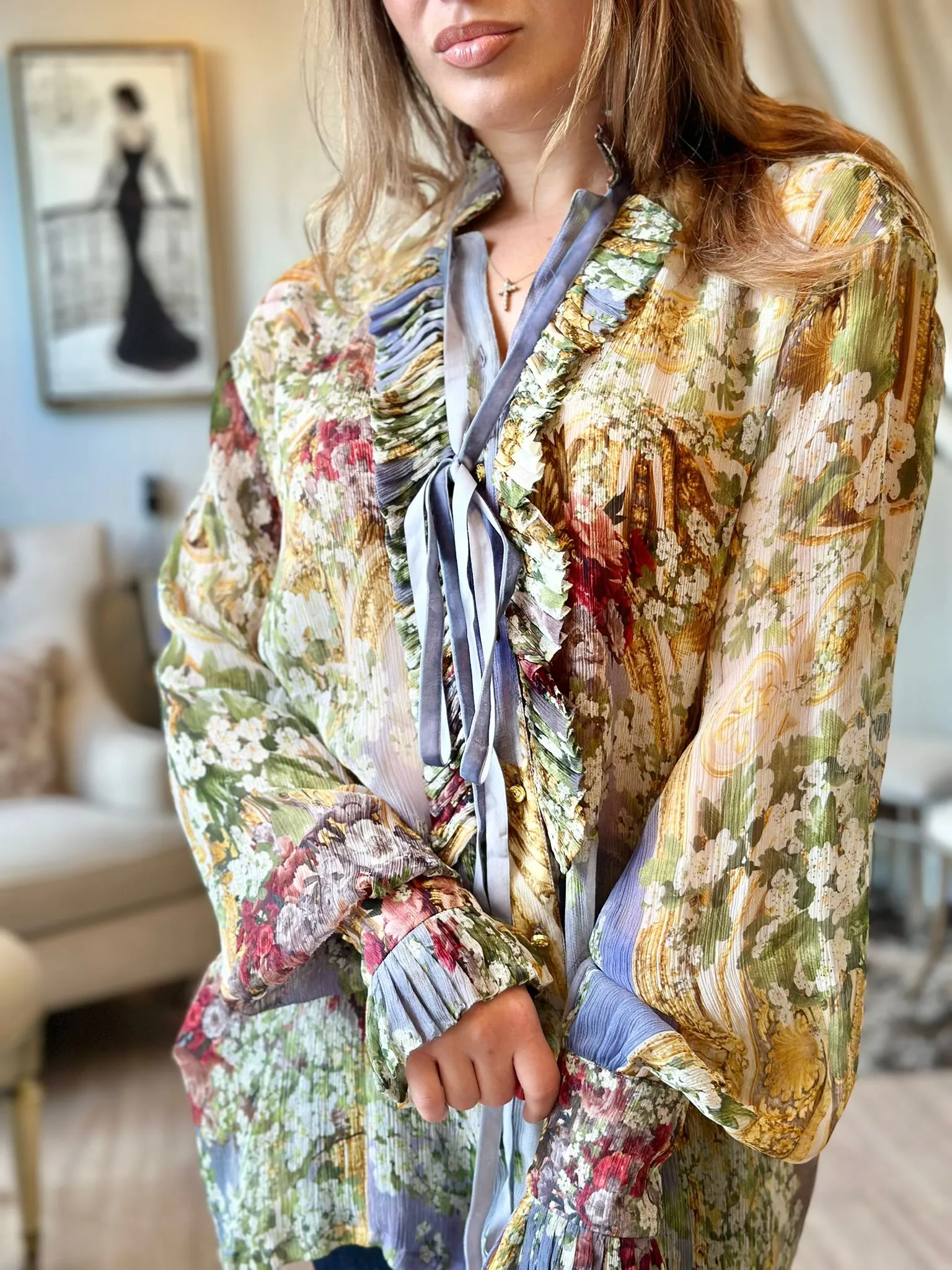 Falguni Shane Peacock Garden of Eden Front Ruffle Chiffon Blouse