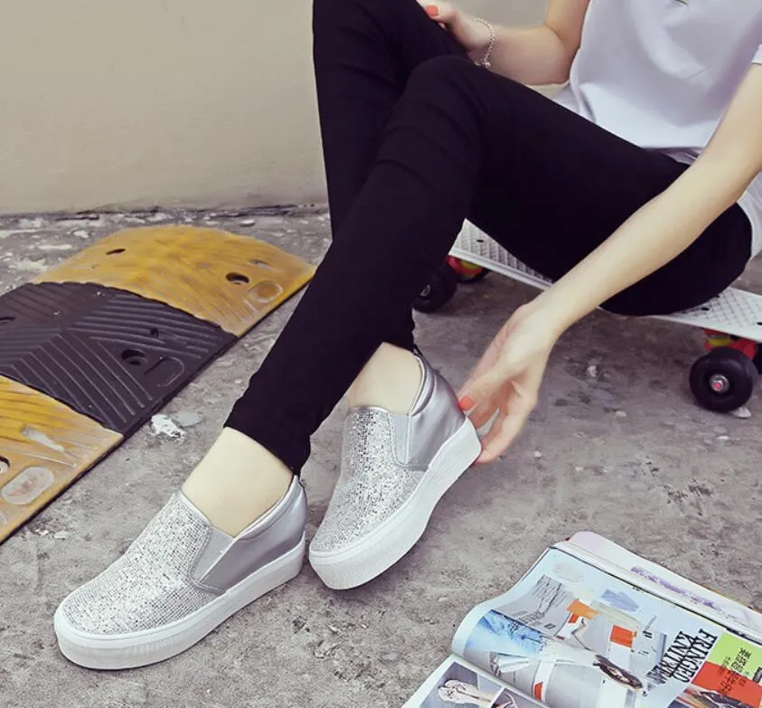 Female Women Mujer Fashion Rhinestone Paillette Adorn Plimsolls Heighten Thicken Soled Casual Moccasins Flat Shoes