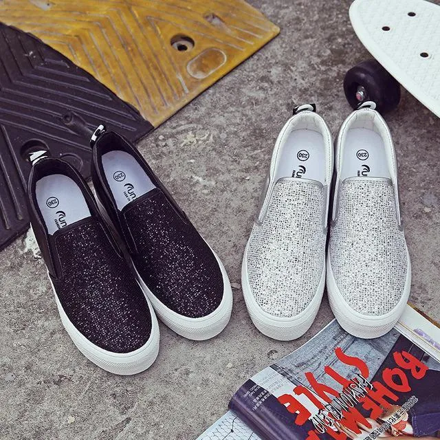 Female Women Mujer Fashion Rhinestone Paillette Adorn Plimsolls Heighten Thicken Soled Casual Moccasins Flat Shoes