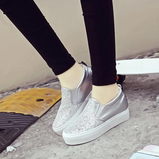 Female Women Mujer Fashion Rhinestone Paillette Adorn Plimsolls Heighten Thicken Soled Casual Moccasins Flat Shoes