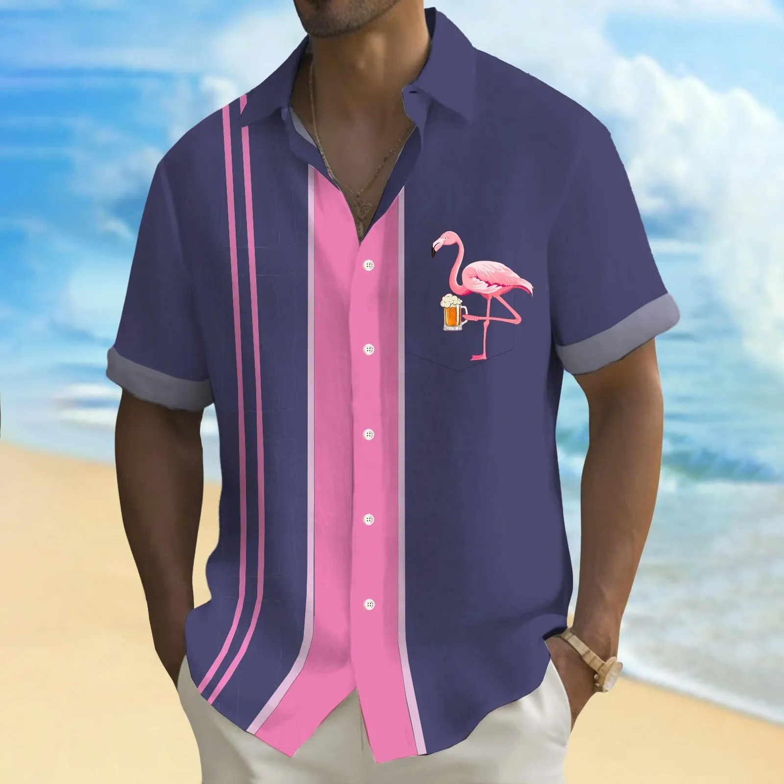 Flamingo Stripe Print Casual Short Sleeve Shirt 2410002844