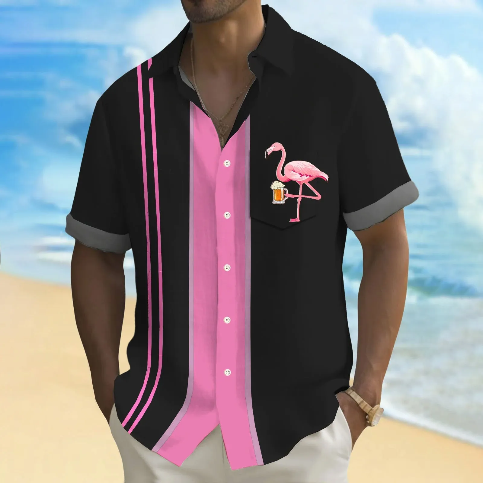 Flamingo Stripe Print Casual Short Sleeve Shirt 2410002844