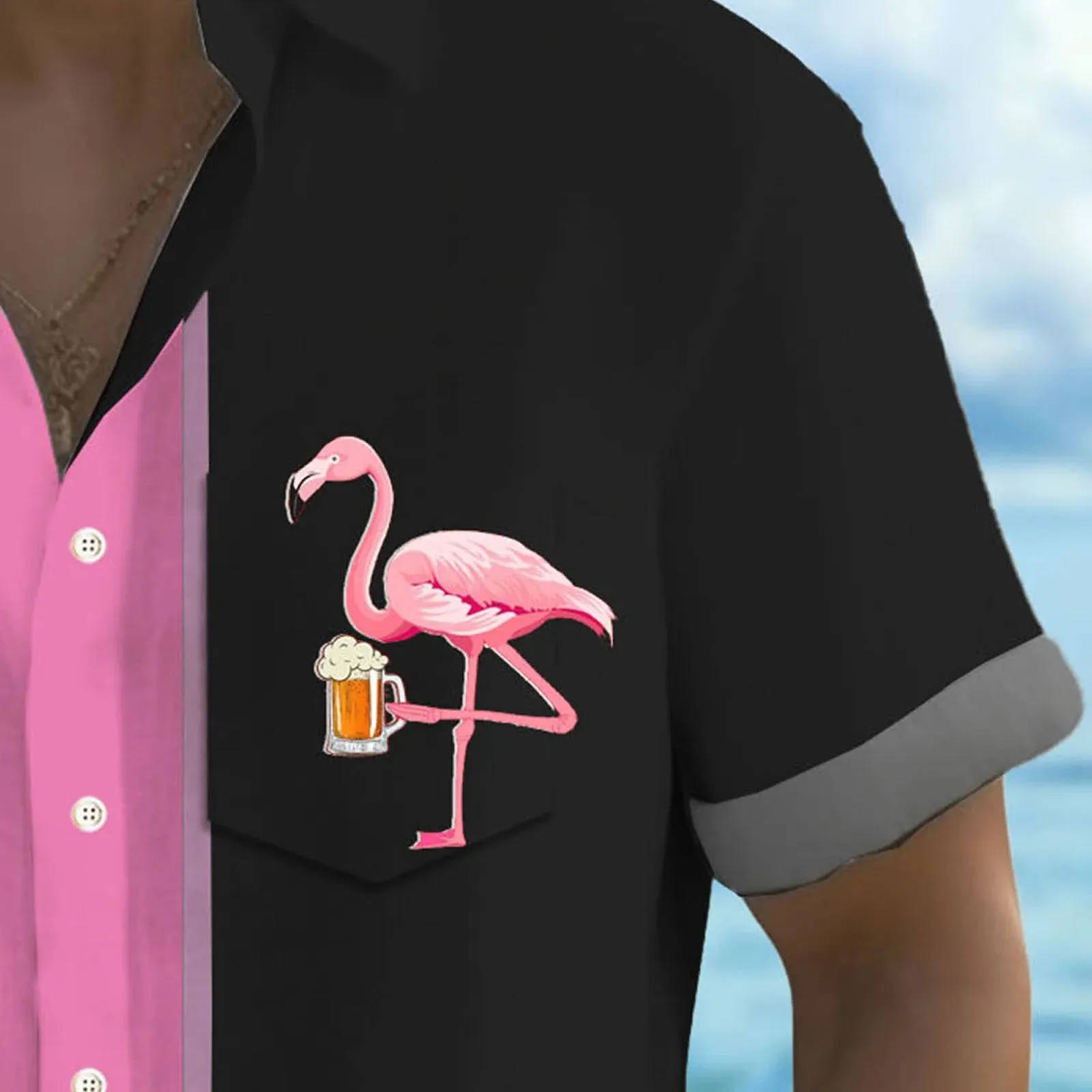 Flamingo Stripe Print Casual Short Sleeve Shirt 2410002844