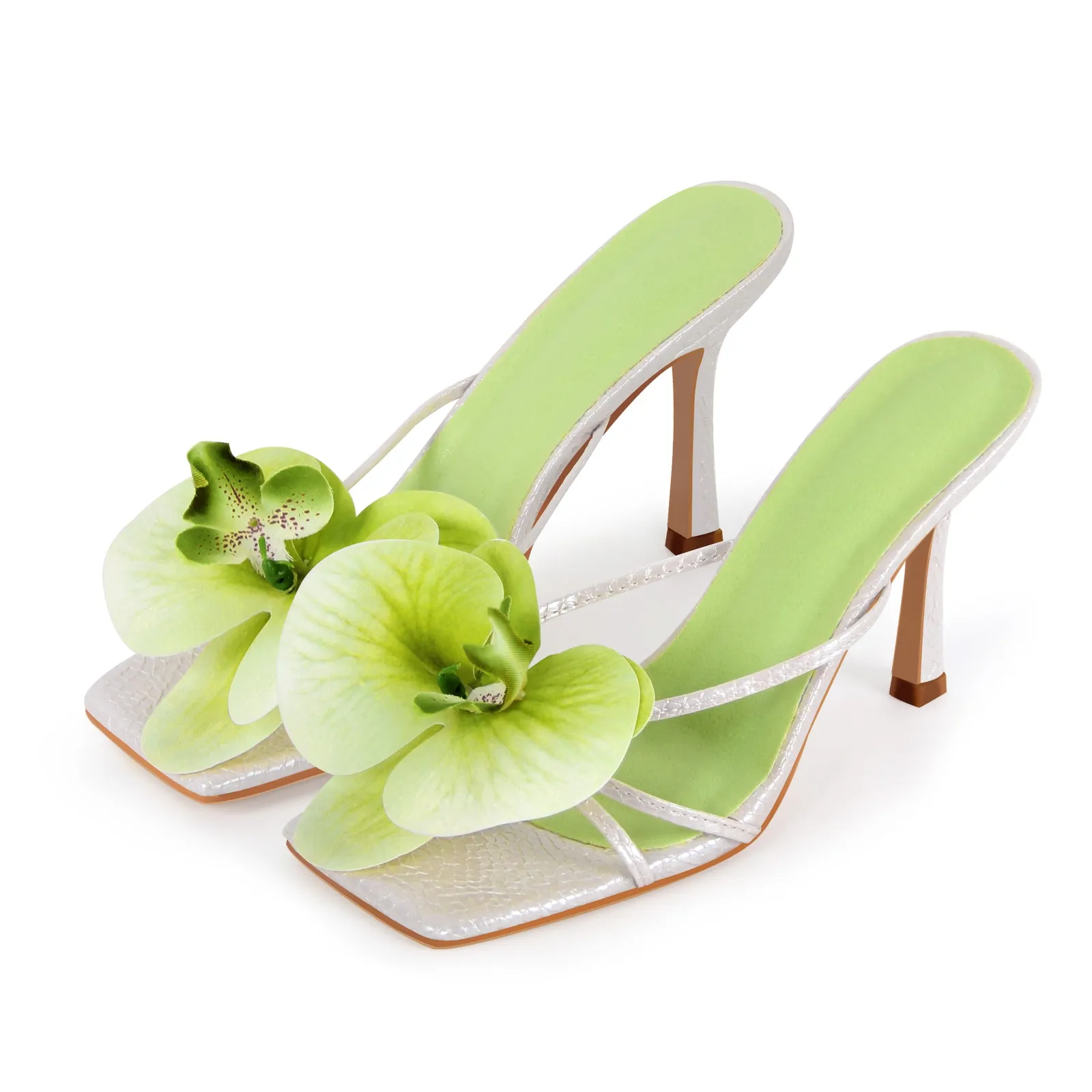 Flower Square Toe Snake Stiletto Mule Sandals