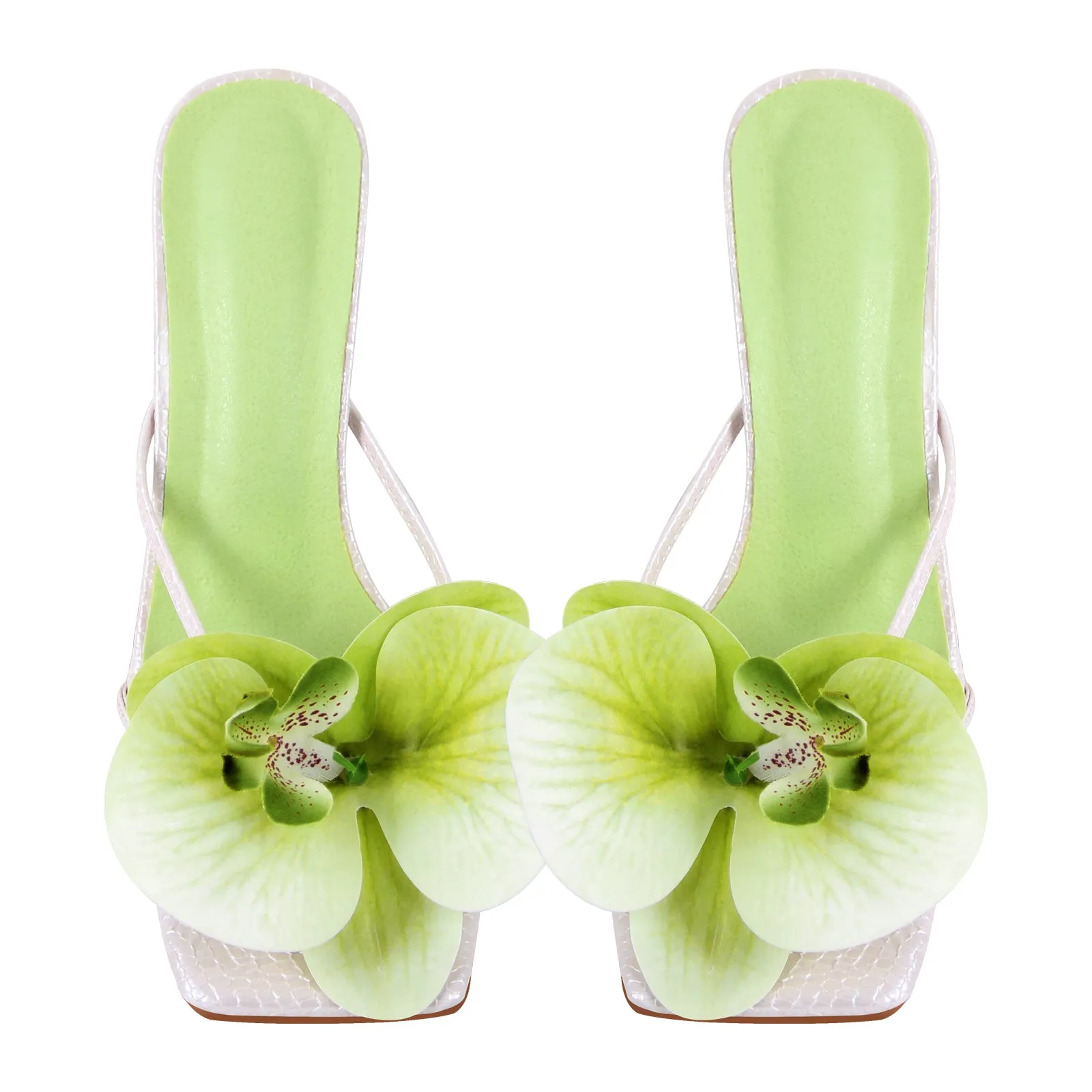 Flower Square Toe Snake Stiletto Mule Sandals