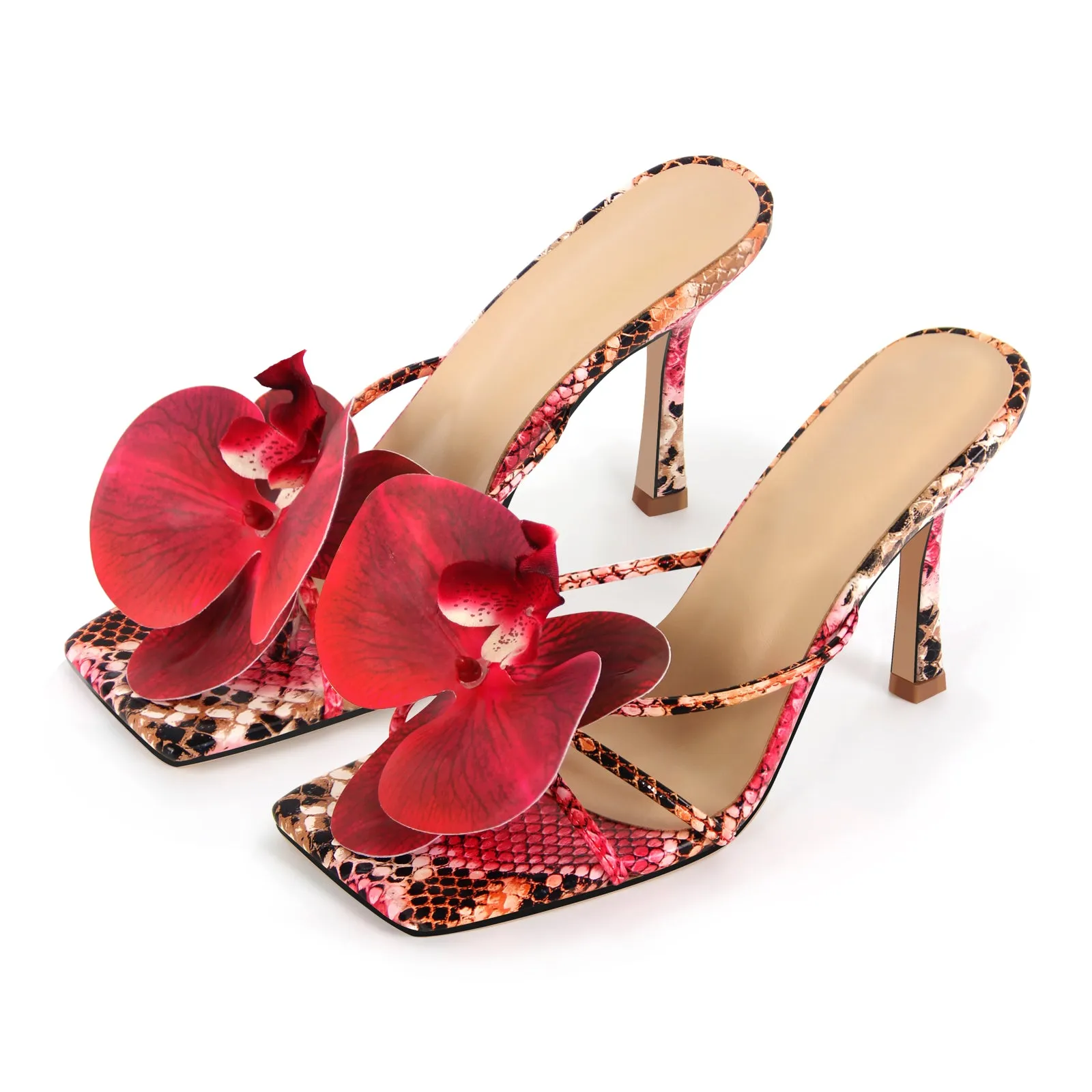 Flower Square Toe Snake Stiletto Mule Sandals