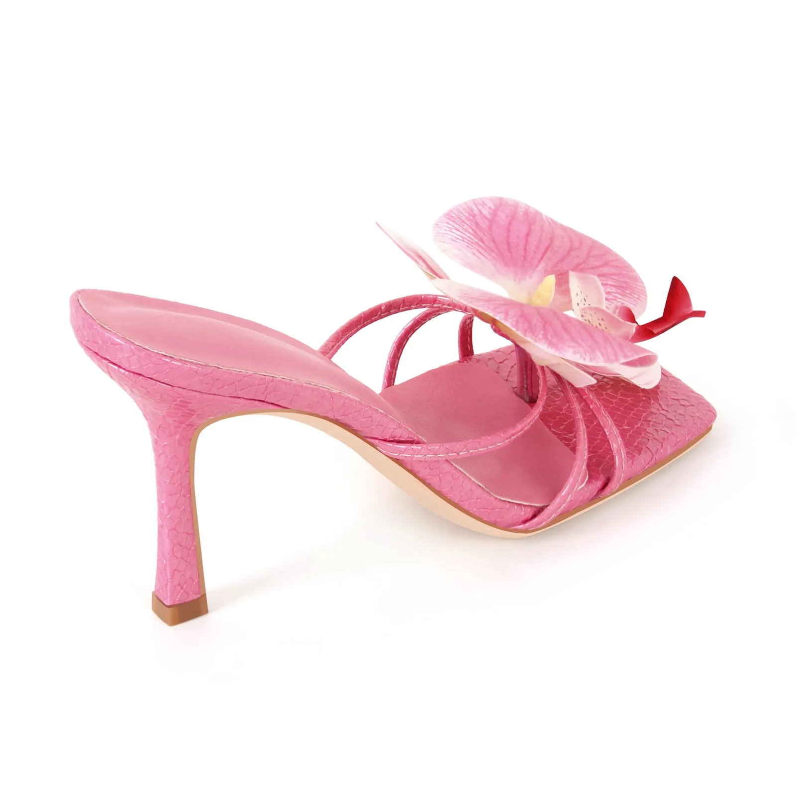 Flower Square Toe Snake Stiletto Mule Sandals