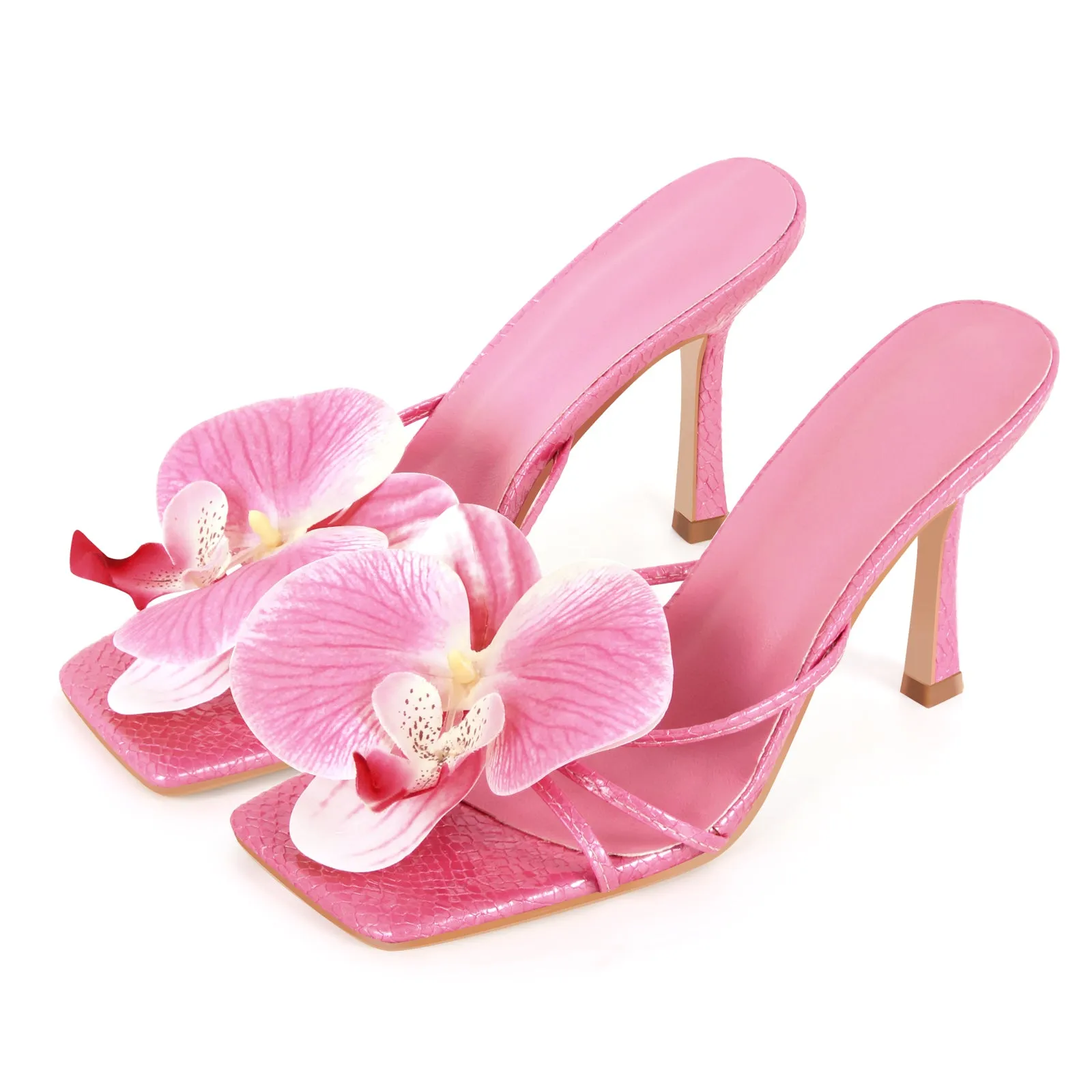 Flower Square Toe Snake Stiletto Mule Sandals