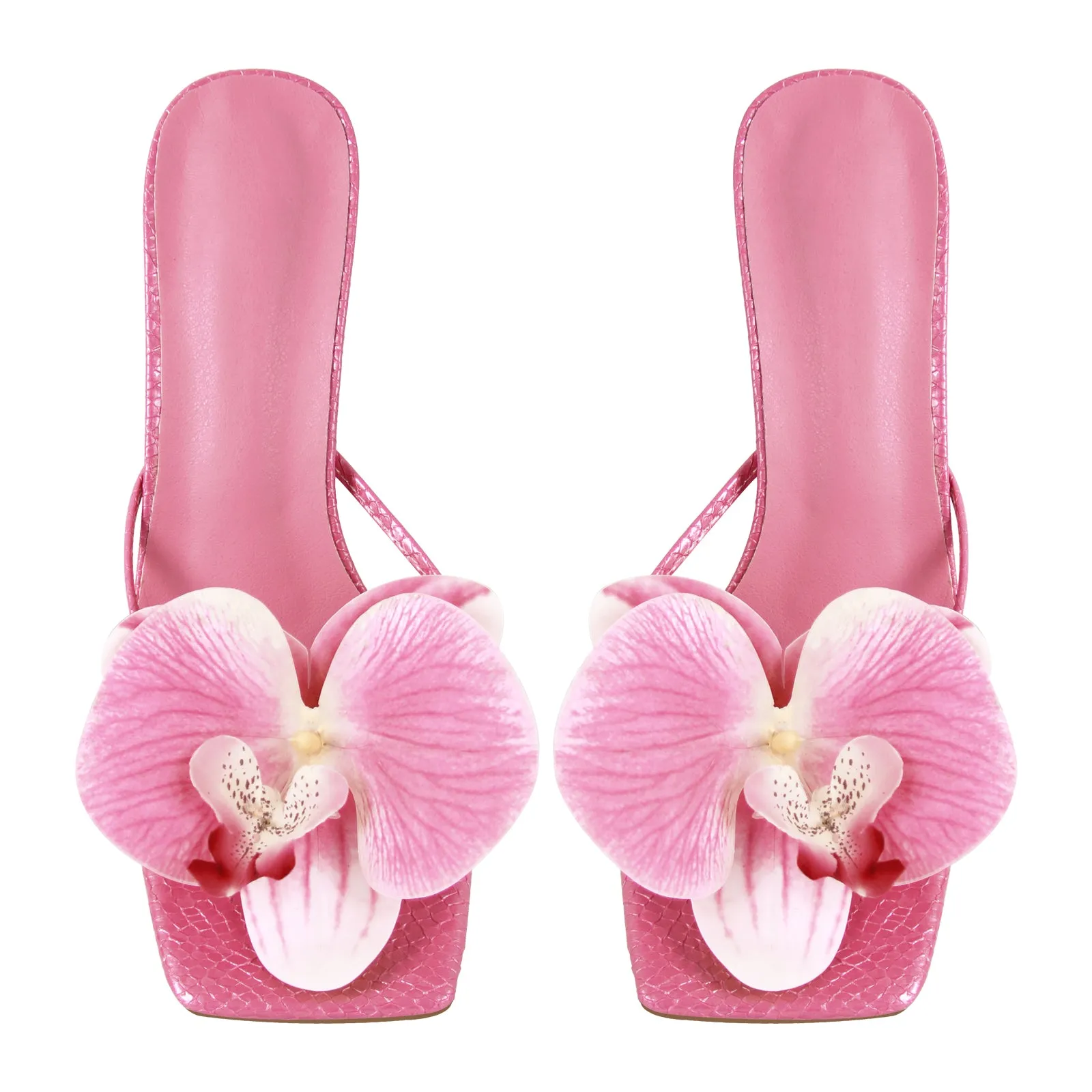 Flower Square Toe Snake Stiletto Mule Sandals