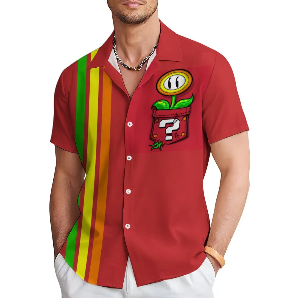 Geometric Striped Plant Pocket Short-Sleeved Casual Shirt 2311000242