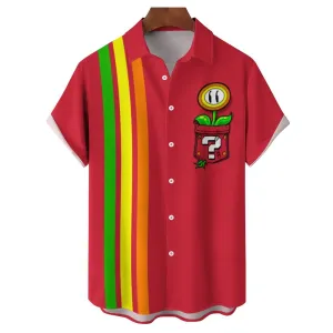 Geometric Striped Plant Pocket Short-Sleeved Casual Shirt 2311000242
