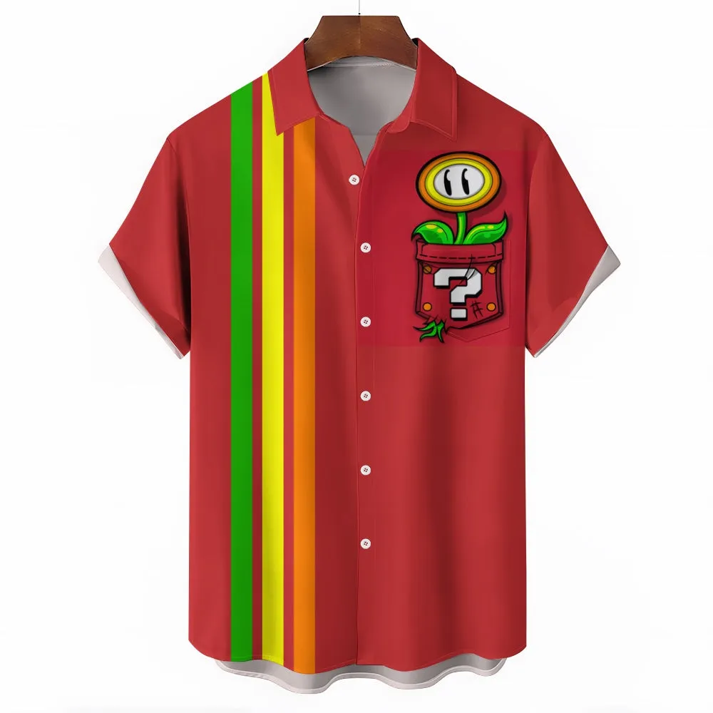 Geometric Striped Plant Pocket Short-Sleeved Casual Shirt 2311000242
