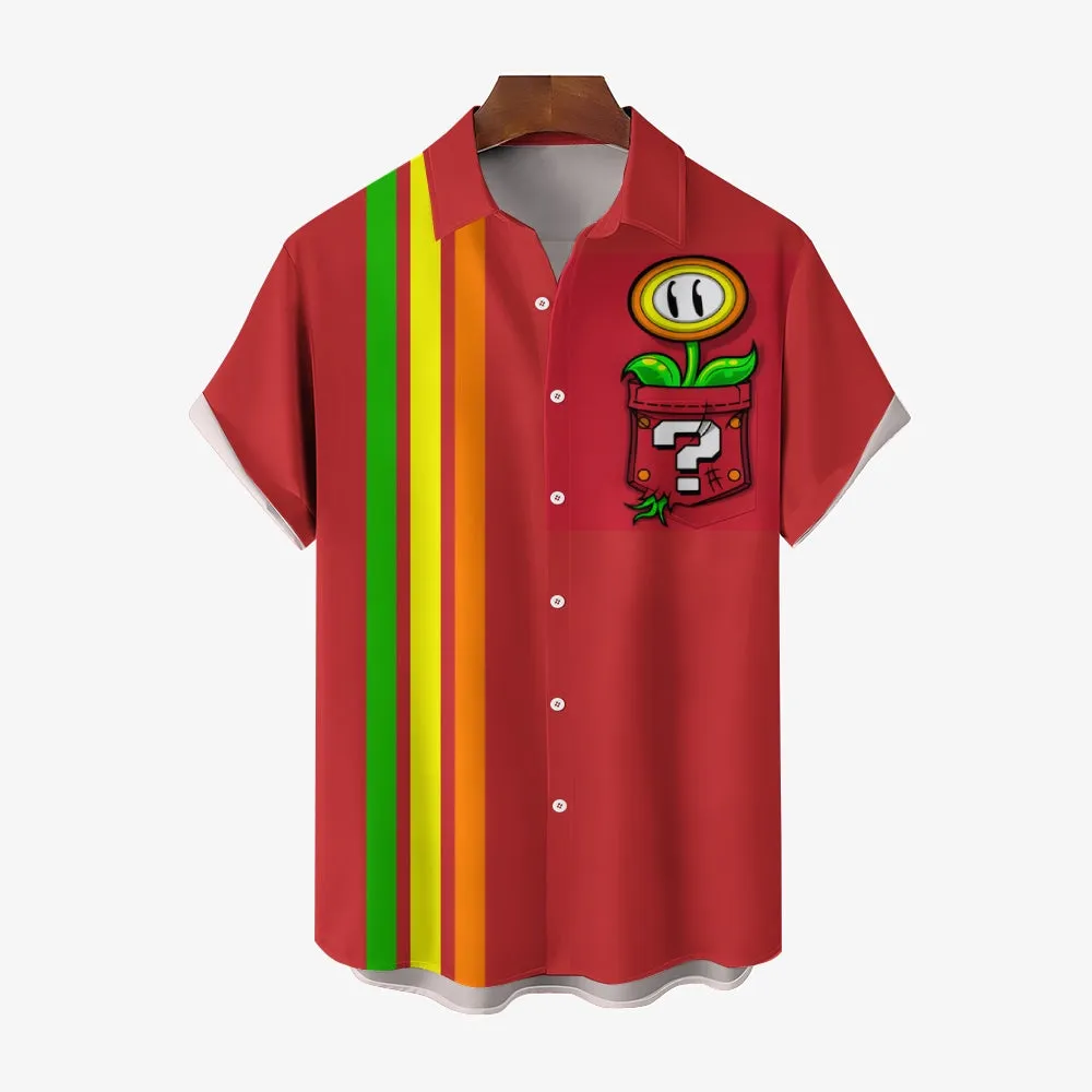 Geometric Striped Plant Pocket Short-Sleeved Casual Shirt 2311000242