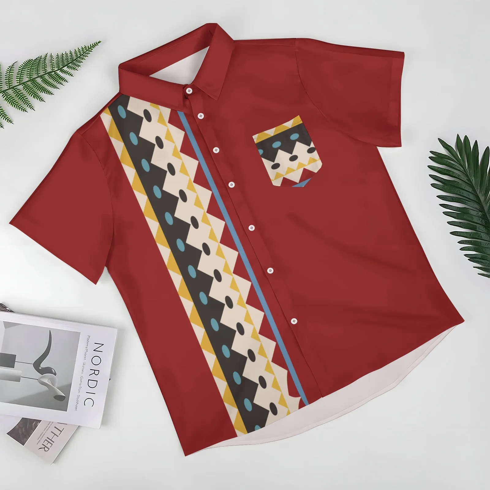 Geometric Striped Print Casual Short Sleeve Shirt 2404001436