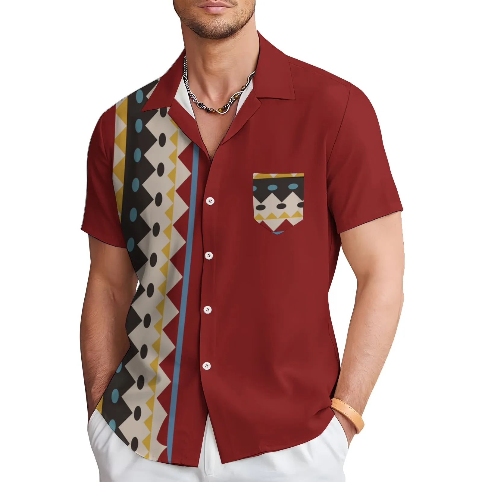 Geometric Striped Print Casual Short Sleeve Shirt 2404001436