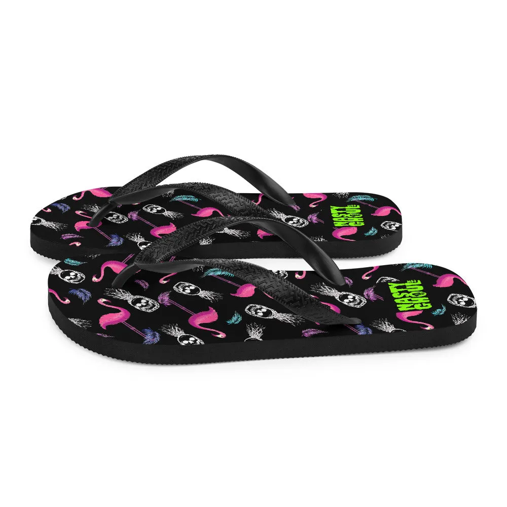 Goth Flamingo & Pineapple Skull Hawaiian Pattern Flip-Flops / All Over Print