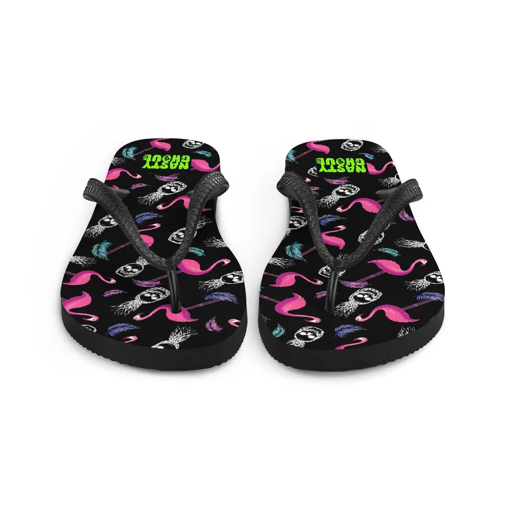 Goth Flamingo & Pineapple Skull Hawaiian Pattern Flip-Flops / All Over Print