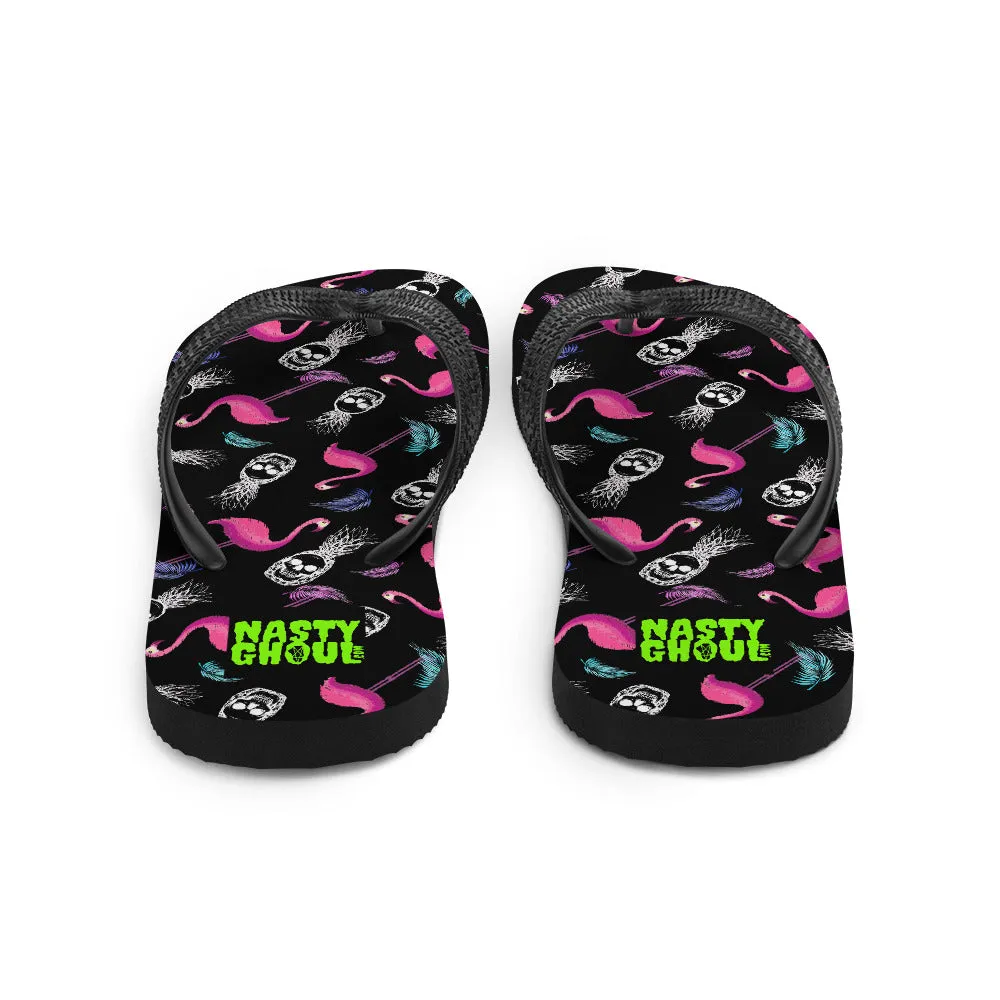 Goth Flamingo & Pineapple Skull Hawaiian Pattern Flip-Flops / All Over Print