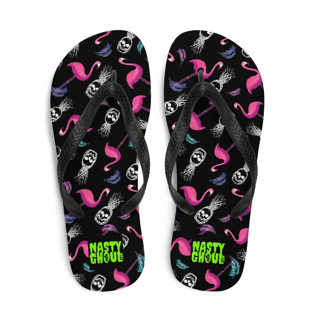 Goth Flamingo & Pineapple Skull Hawaiian Pattern Flip-Flops / All Over Print