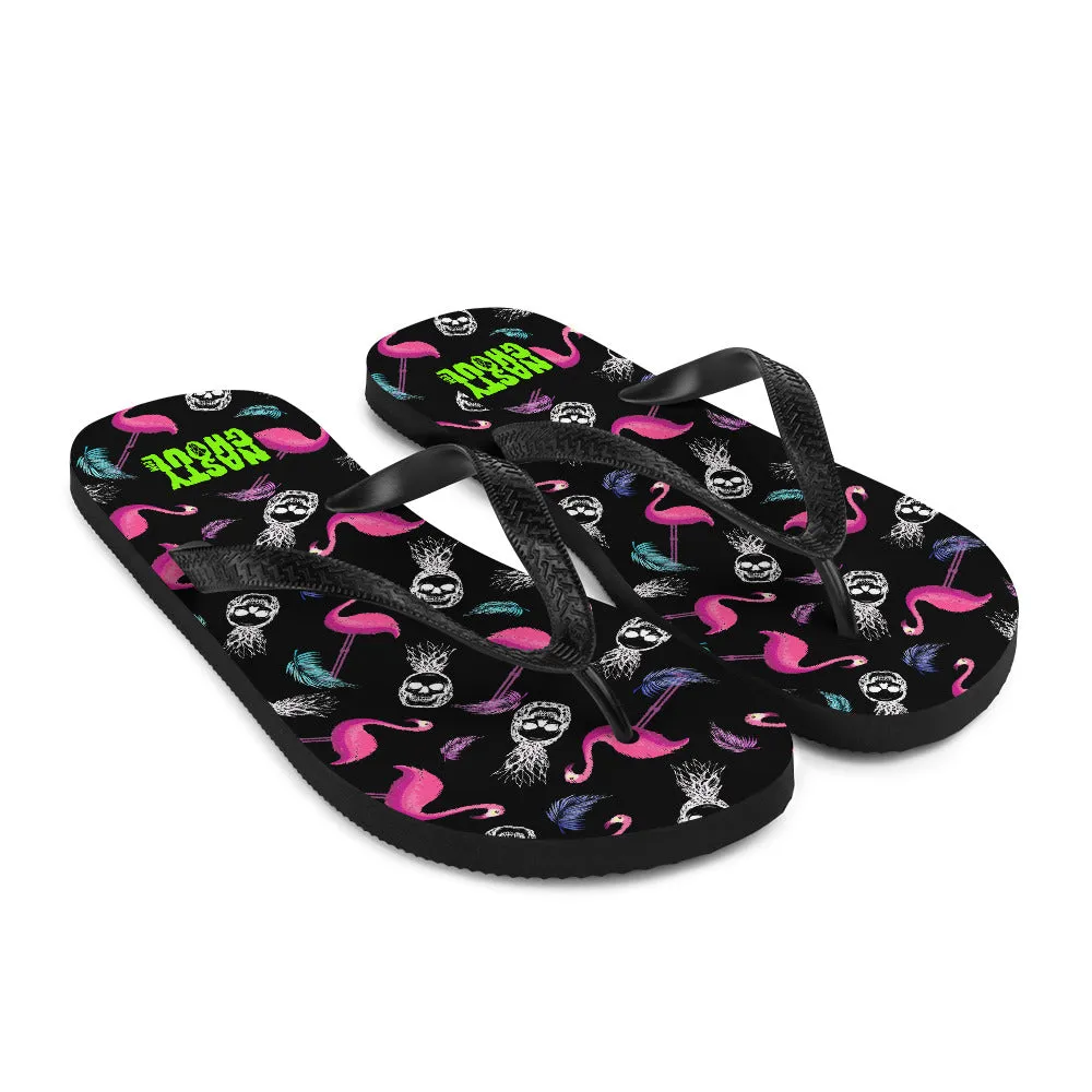 Goth Flamingo & Pineapple Skull Hawaiian Pattern Flip-Flops / All Over Print