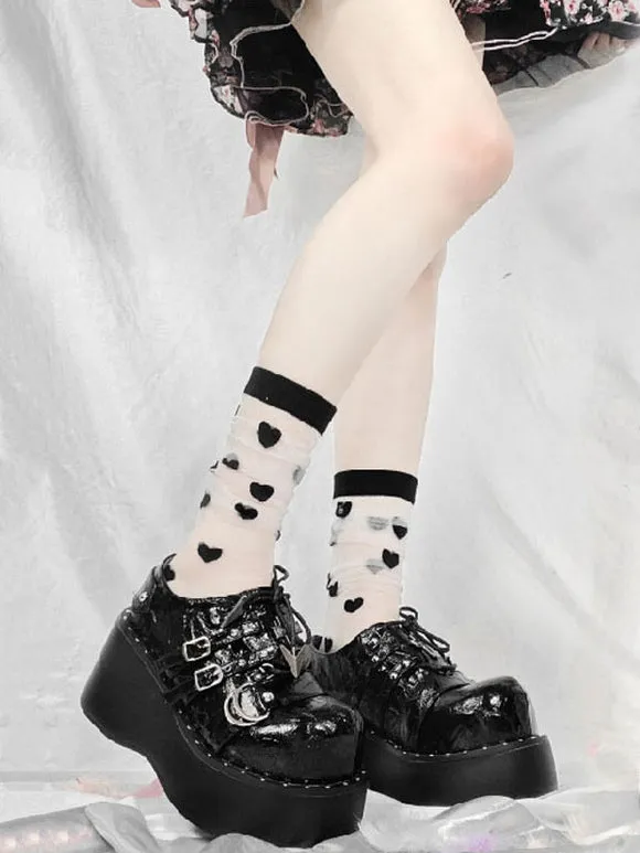 Gothic Lolita Footwear Black Grommets Metallic PU Leather Platform Lolita Pumps