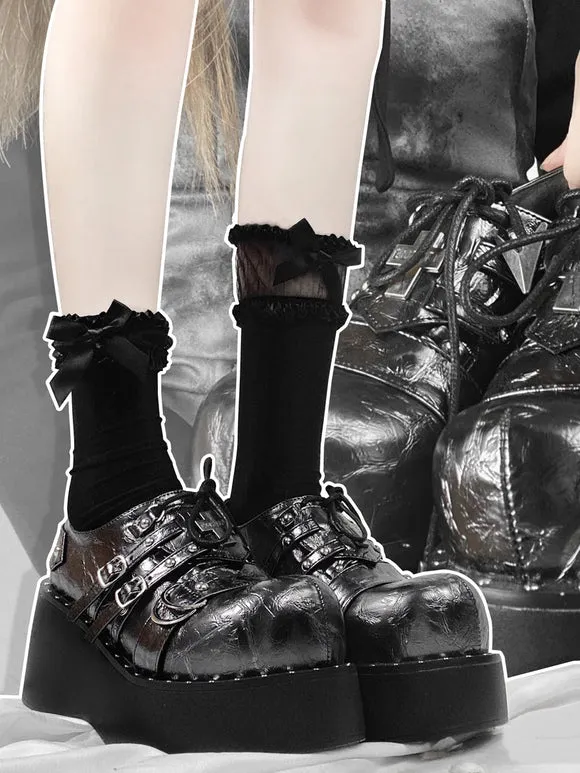 Gothic Lolita Footwear Black Grommets Metallic PU Leather Platform Lolita Pumps