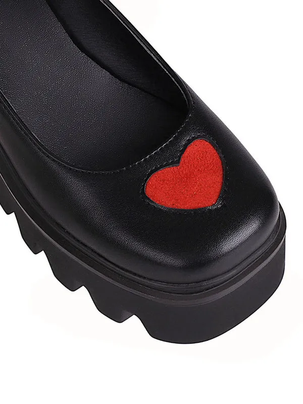 Gothic Lolita Footwear Black Heart Pattern Round Toe PU Leather Lace Up Lolita Pumps