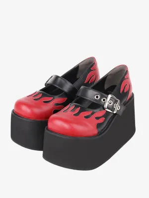 Gothic Lolita Footwear Black Lace Up PU Leather Wedge Heel Lolita Pumps
