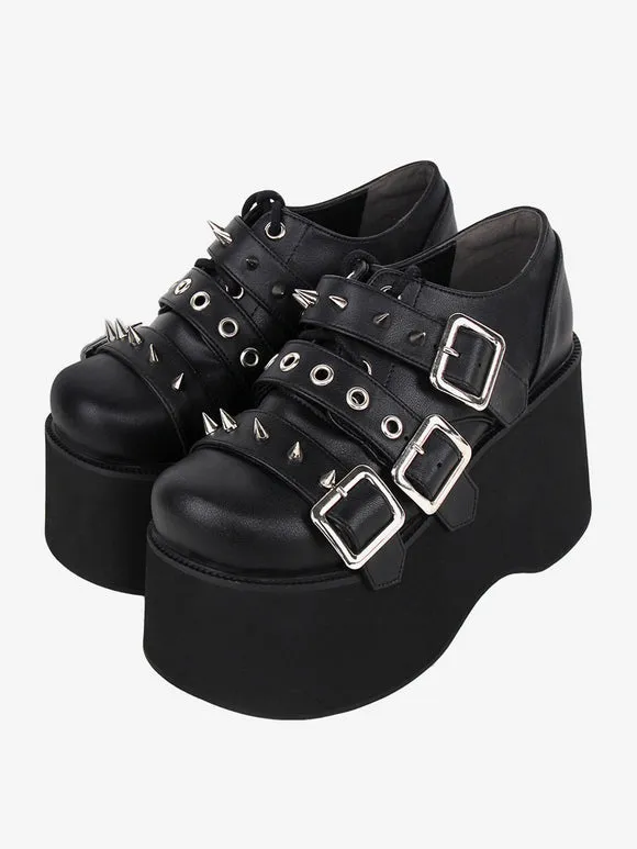 Gothic Lolita Footwear Black Metallic Grommets Round Toe PU Leather Lolita Pumps