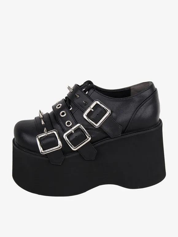 Gothic Lolita Footwear Black Metallic Grommets Round Toe PU Leather Lolita Pumps