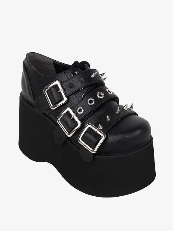 Gothic Lolita Footwear Black Metallic Grommets Round Toe PU Leather Lolita Pumps