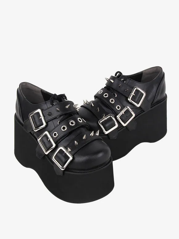 Gothic Lolita Footwear Black Metallic Grommets Round Toe PU Leather Lolita Pumps