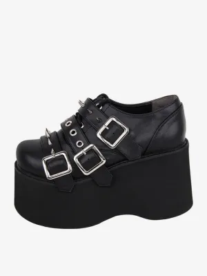 Gothic Lolita Footwear Black Metallic Grommets Round Toe PU Leather Lolita Pumps
