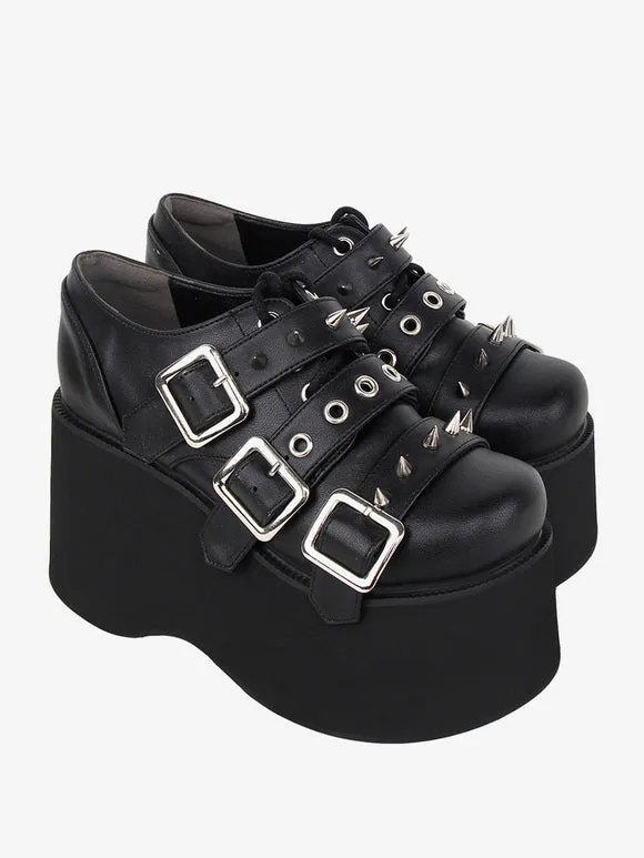 Gothic Lolita Footwear Black Metallic Grommets Round Toe PU Leather Lolita Pumps