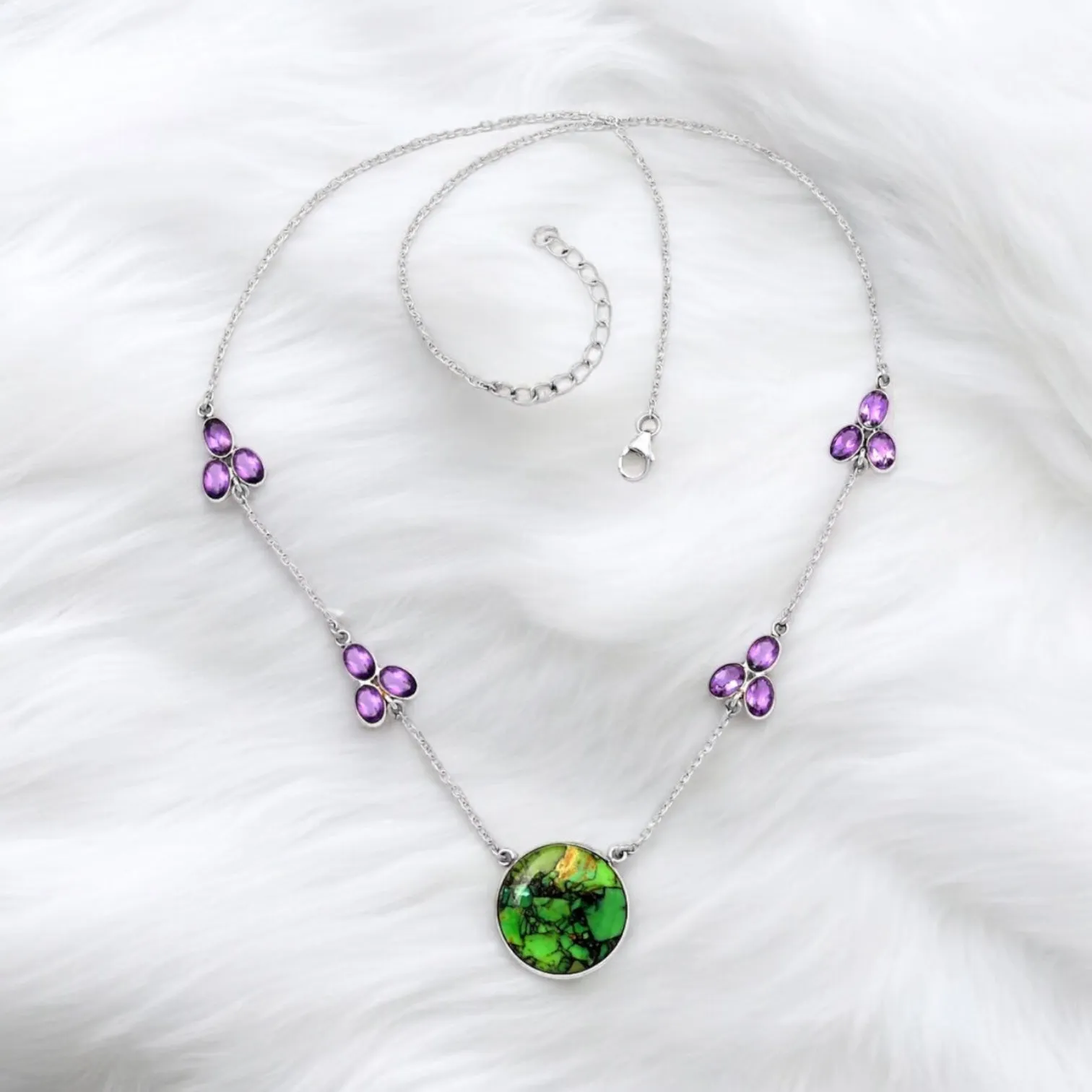 Green Mojave Turquoise & Amethyst Solid 925 Sterling Silver Necklace