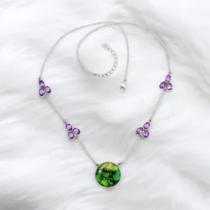 Green Mojave Turquoise & Amethyst Solid 925 Sterling Silver Necklace