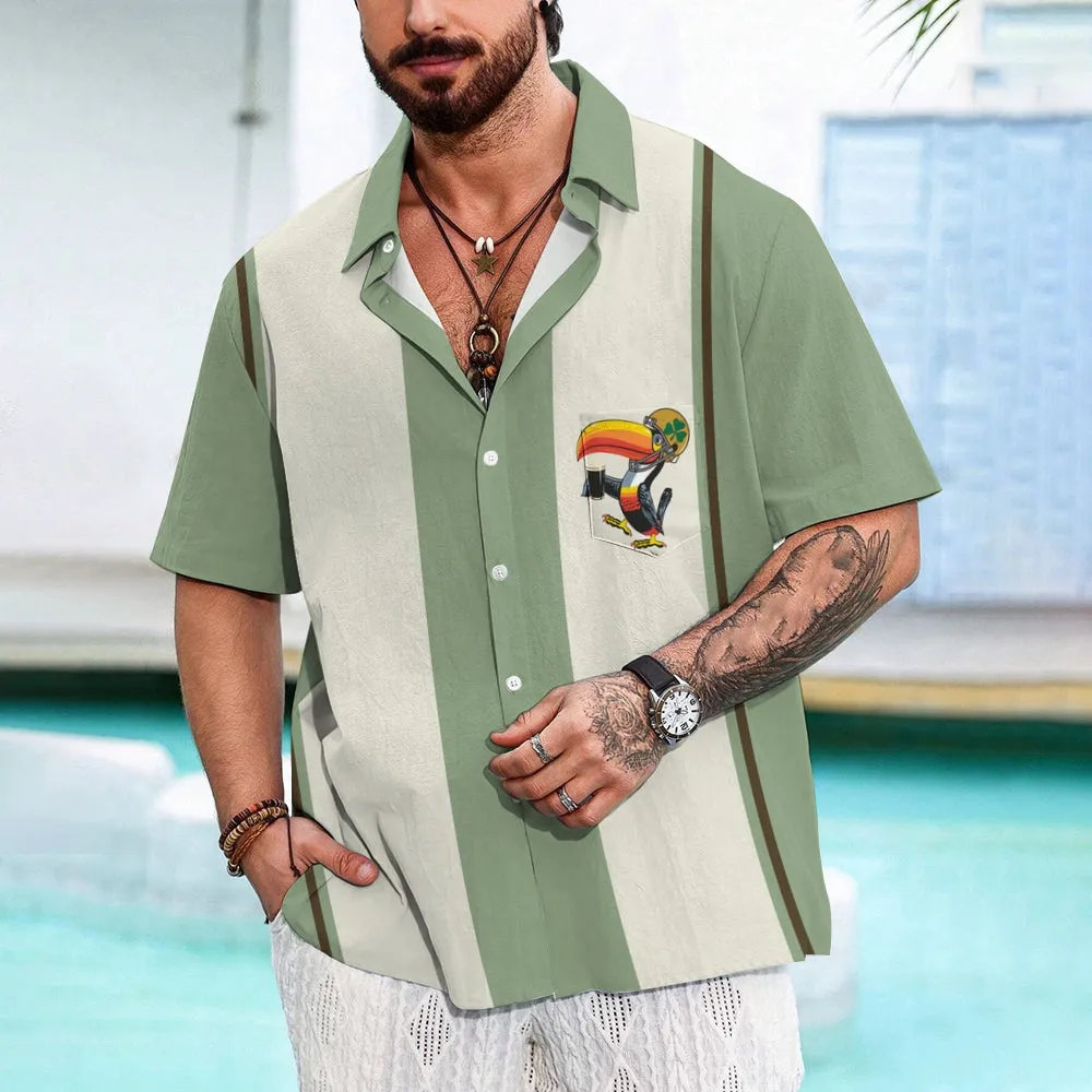 Green Toucan Print Casual Oversized Short Sleeve Shirt 2407001170