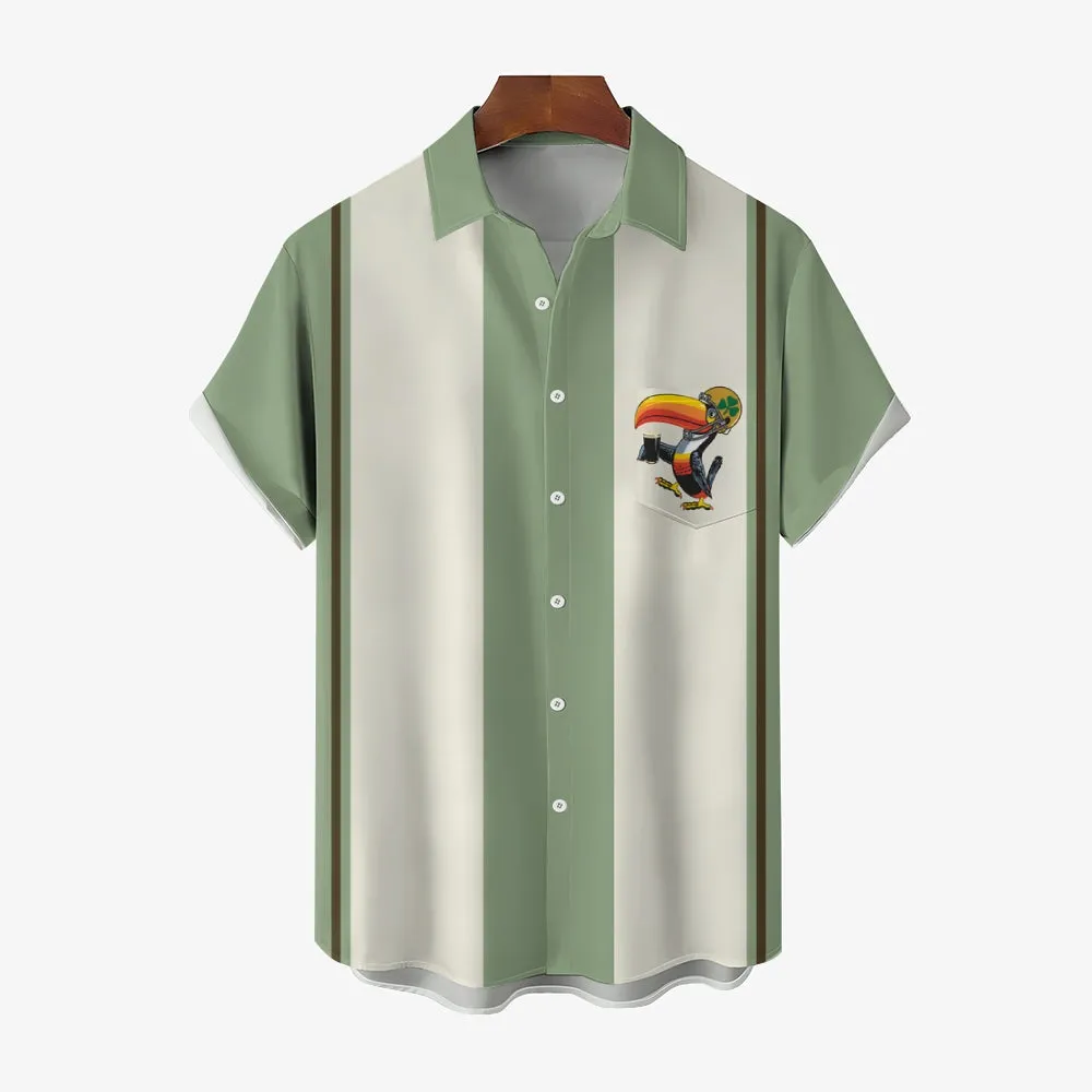 Green Toucan Print Casual Oversized Short Sleeve Shirt 2407001170