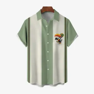 Green Toucan Print Casual Oversized Short Sleeve Shirt 2407001170