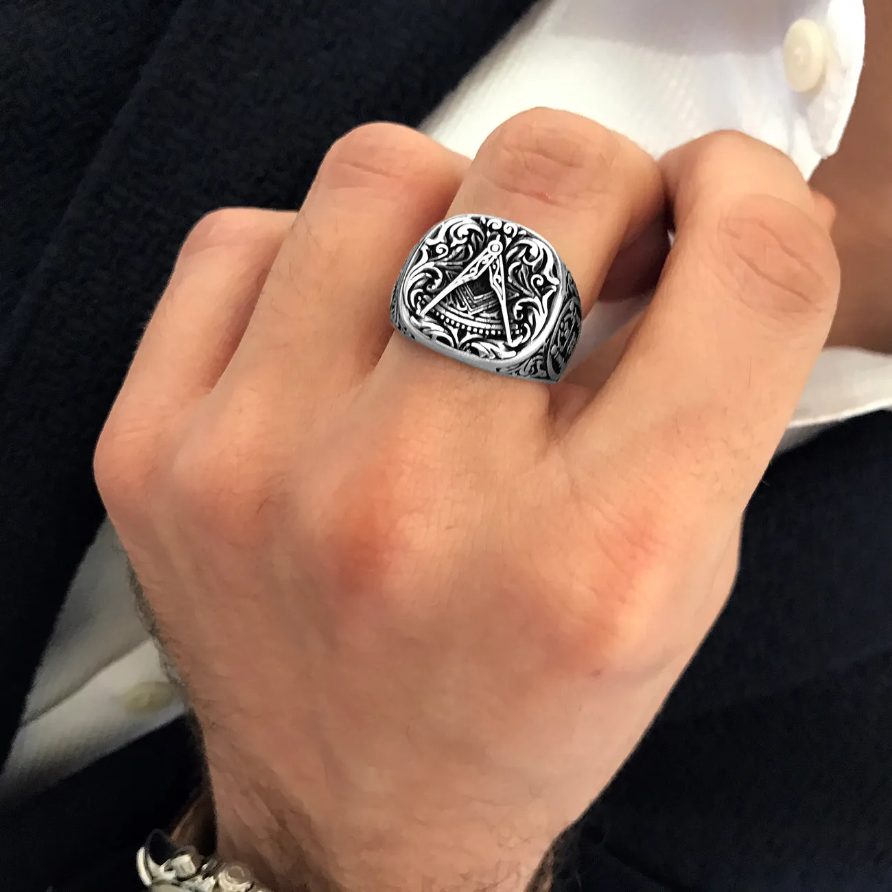 Handcrafted Masonic Square and Compasses Design Sterling Silver Ring