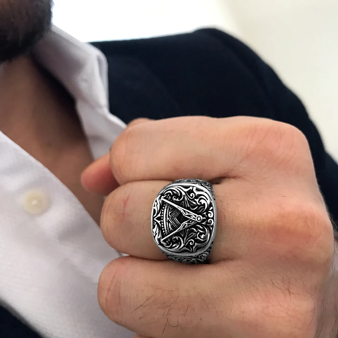 Handcrafted Masonic Square and Compasses Design Sterling Silver Ring